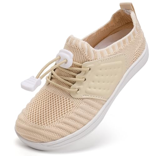 IceUnicorn Barfußschuhe Kinder Breite Zehenbox Knit Jungen Mädchen Hausschuhe Minimal Kleinkind Walking Schuhe Minimalistische Atmungsaktiv(Beige Weiß, 29EU) von IceUnicorn