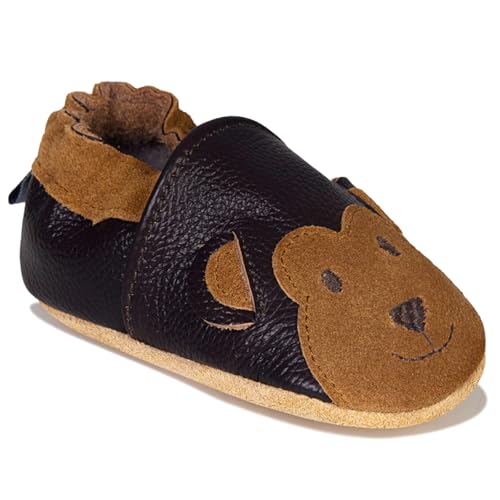 IceUnicorn Krabbelschuhe Baby Jungen Mädchen Lauflernschuhe Baby Weicher Leder Babyhausschuhe Kleinkind Babyschuhe(Braun Hzi, 12-18 Monate) von IceUnicorn