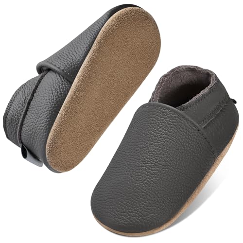 IceUnicorn Krabbelschuhe Baby Jungen Mädchen Lauflernschuhe Baby Weicher Leder Babyhausschuhe Kleinkind Babyschuhe(Dunkelgrau, 12-18 Monate) von IceUnicorn