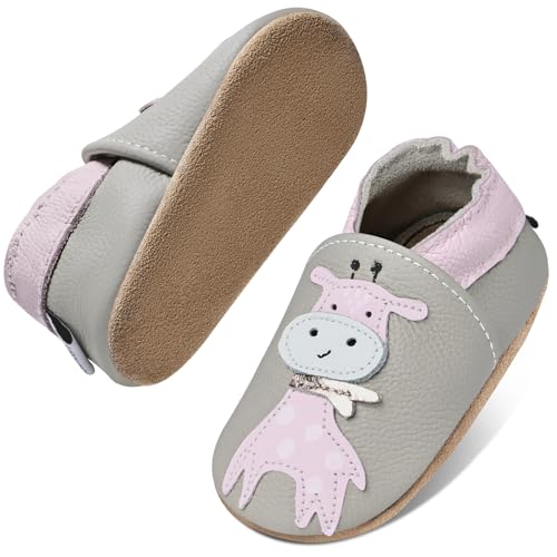 IceUnicorn Krabbelschuhe Baby Jungen Mädchen Lauflernschuhe Baby Weicher Leder Babyhausschuhe Kleinkind Babyschuhe(Grau Rosa Giraffe, 12-18 Monate) von IceUnicorn