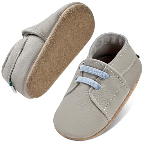 IceUnicorn Krabbelschuhe Baby Jungen Mädchen Lauflernschuhe Baby Weicher Leder Babyhausschuhe Kleinkind Babyschuhe(Graublau JD, 0-6 Monate) von IceUnicorn