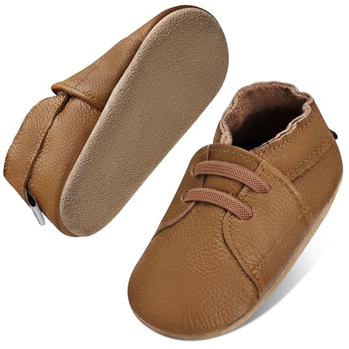 IceUnicorn Krabbelschuhe Baby Jungen Mädchen Lauflernschuhe Baby Weicher Leder Babyhausschuhe Kleinkind Babyschuhe(Hellbraun JD, 12-18 Monate) von IceUnicorn