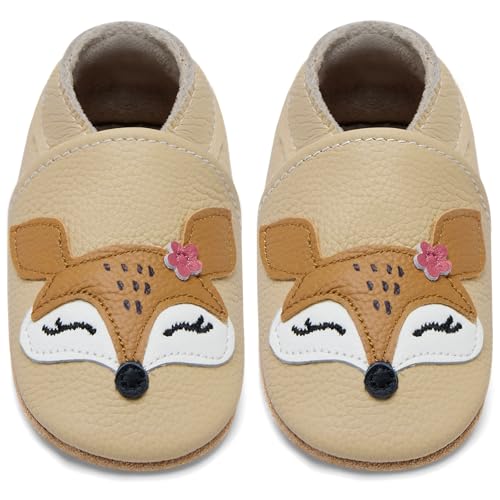 IceUnicorn Krabbelschuhe Baby Lauflernschuhe Jungen Mädchen Weicher Leder Babyhausschuhe Kleinkind Rutschfeste Lederschuhe Baby(Beige Fuchs, 0-6 Monate) von IceUnicorn