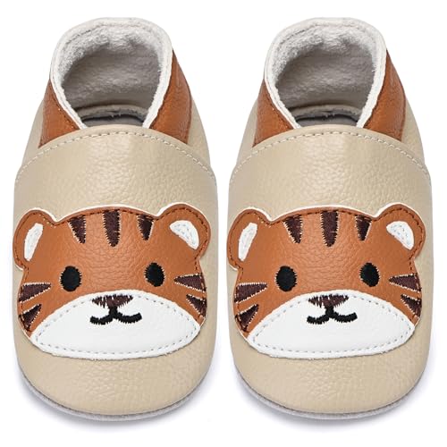 IceUnicorn Krabbelschuhe Baby Lauflernschuhe Jungen Mädchen Weicher Leder Babyhausschuhe Kleinkind Rutschfeste Lederschuhe Baby(Beige Tiger, 0-6 Monate) von IceUnicorn