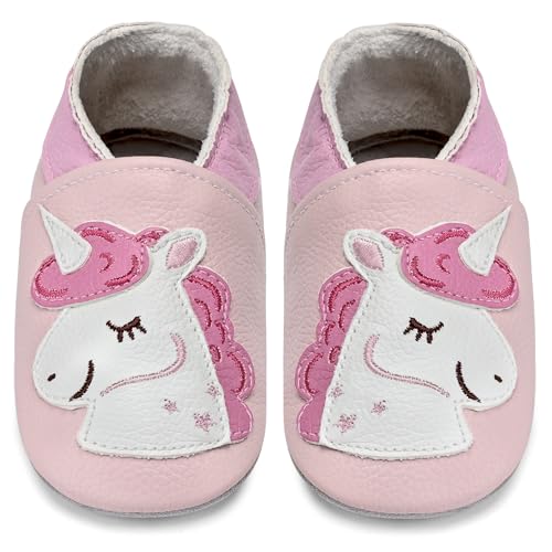IceUnicorn Krabbelschuhe Baby Lauflernschuhe Jungen Mädchen Weicher Leder Babyhausschuhe Kleinkind Rutschfeste Lederschuhe Baby(Blassrosa Einhorn, 2-3 Jahre) von IceUnicorn