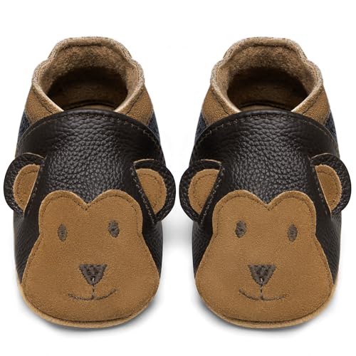 IceUnicorn Krabbelschuhe Baby Lauflernschuhe Jungen Mädchen Weicher Leder Babyhausschuhe Kleinkind Rutschfeste Lederschuhe Baby(Brauner AFFE, 6-12 Monate) von IceUnicorn