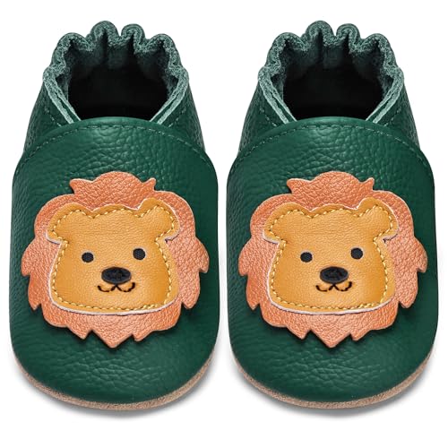 IceUnicorn Krabbelschuhe Baby Lauflernschuhe Jungen Mädchen Weicher Leder Babyhausschuhe Kleinkind Rutschfeste Lederschuhe Baby(Dunkelgrüner Löwe, 12-18 Monate) von IceUnicorn
