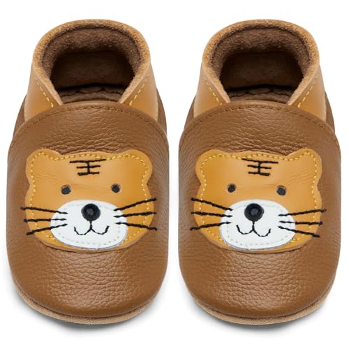 IceUnicorn Krabbelschuhe Baby Lauflernschuhe Jungen Mädchen Weicher Leder Babyhausschuhe Kleinkind Rutschfeste Lederschuhe Baby(Gelbbrauner Tiger, 6-12 Monate) von IceUnicorn