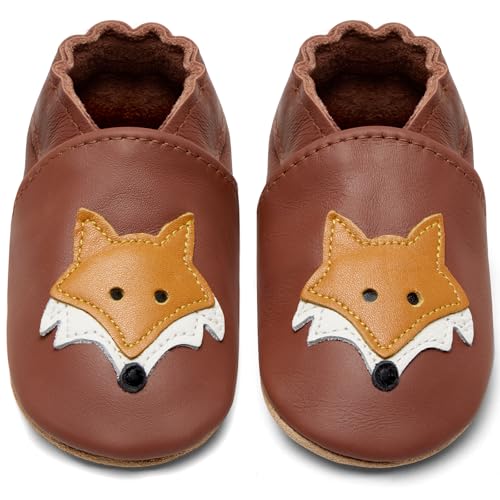 IceUnicorn Krabbelschuhe Baby Lauflernschuhe Jungen Mädchen Weicher Leder Babyhausschuhe Kleinkind Rutschfeste Lederschuhe Baby(Hellbraun Fox, 6-12 Monate) von IceUnicorn