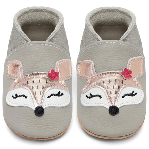 IceUnicorn Krabbelschuhe Baby Lauflernschuhe Jungen Mädchen Weicher Leder Babyhausschuhe Kleinkind Rutschfeste Lederschuhe Baby(Hellgrauer Fuchs, 12-18 Monate) von IceUnicorn