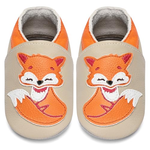 IceUnicorn Krabbelschuhe Baby Lauflernschuhe Jungen Mädchen Weicher Leder Babyhausschuhe Kleinkind Rutschfeste Lederschuhe Baby(Mikan Fuchs, 12-18 Monate) von IceUnicorn