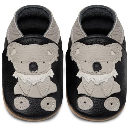 IceUnicorn Krabbelschuhe Baby Lauflernschuhe Jungen Mädchen Weicher Leder Babyhausschuhe Kleinkind Rutschfeste Lederschuhe Baby(Schwarzer Koala, 6-12 Monate) von IceUnicorn