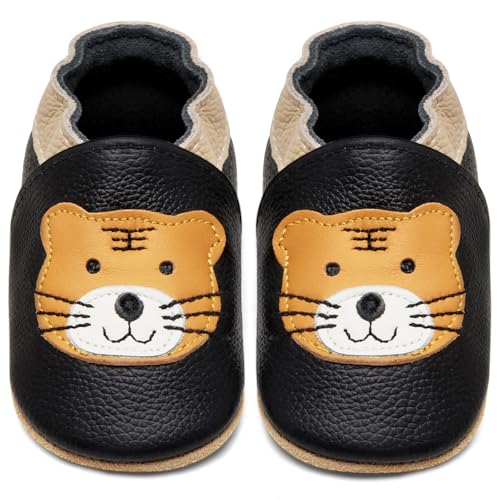 IceUnicorn Krabbelschuhe Baby Lauflernschuhe Jungen Mädchen Weicher Leder Babyhausschuhe Kleinkind Rutschfeste Lederschuhe Baby(Schwarzer Tiger, 0-6 Monate) von IceUnicorn