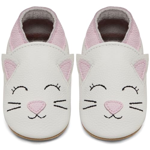 IceUnicorn Krabbelschuhe Baby Lauflernschuhe Jungen Mädchen Weicher Leder Babyhausschuhe Kleinkind Rutschfeste Lederschuhe Baby(Weiße Katze, 2-3 Jahre) von IceUnicorn