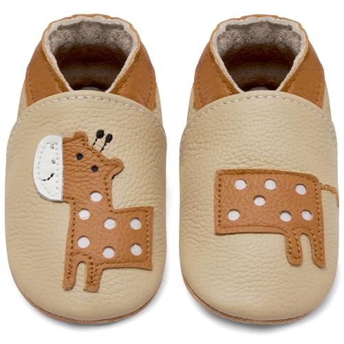IceUnicorn Krabbelschuhe Baby Lauflernschuhe Jungen Mädchen Weicher Leder Babyhausschuhe Kleinkind Rutschfeste Lederschuhe Baby(Beige Giraffe, 0-6 Monate) von IceUnicorn