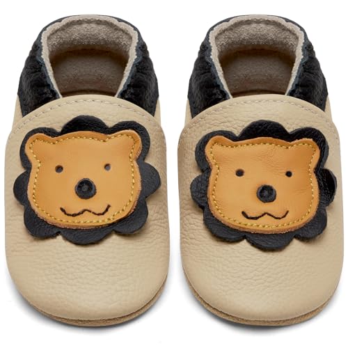IceUnicorn Krabbelschuhe Baby Lauflernschuhe Jungen Mädchen Weicher Leder Babyhausschuhe Kleinkind Rutschfeste Lederschuhe Baby(Beiger Löwe, 0-6 Monate) von IceUnicorn