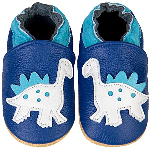 IceUnicorn Krabbelschuhe Baby Lauflernschuhe Jungen Mädchen Weicher Leder Babyhausschuhe Kleinkind Rutschfeste Lederschuhe Baby(Blau Dinosaurier, 6-12 Monate) von IceUnicorn
