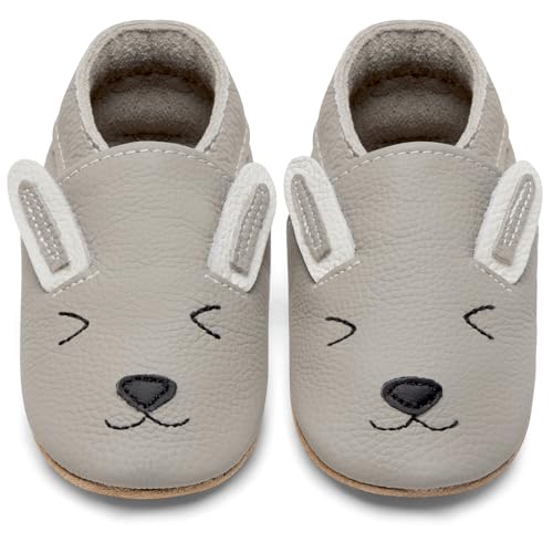 IceUnicorn Krabbelschuhe Baby Lauflernschuhe Jungen Mädchen Weicher Leder Babyhausschuhe Kleinkind Rutschfeste Lederschuhe Baby(Graues Kaninchen, 6-12 Monate) von IceUnicorn