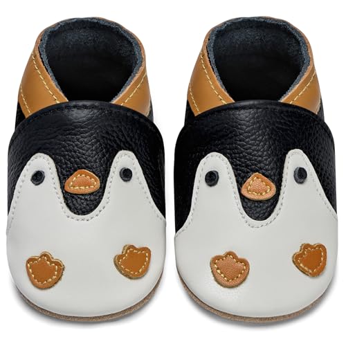IceUnicorn Krabbelschuhe Baby Lauflernschuhe Jungen Weiche Leder Babyschuhe Kleinkind Lederschuhe mädchen Babyhausschuhe(A-Schwarzer Pinguin, 2-3 Jahre) von IceUnicorn