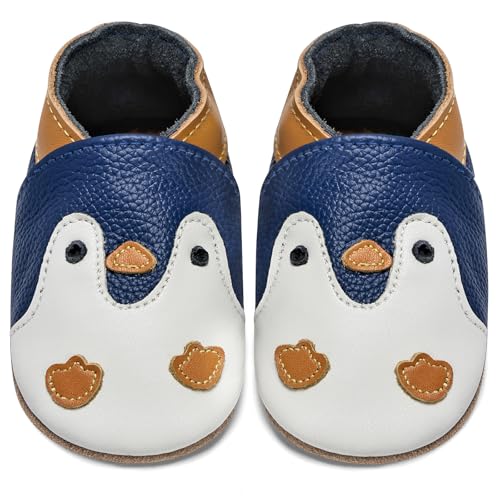 IceUnicorn Krabbelschuhe Baby Lauflernschuhe Jungen Weiche Leder Babyschuhe Kleinkind Lederschuhe mädchen Babyhausschuhe(Blauer Pinguin, 2-3 Jahre) von IceUnicorn