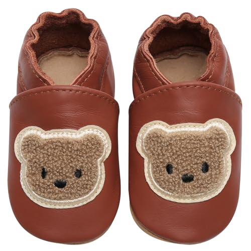 IceUnicorn Krabbelschuhe Baby Lauflernschuhe Jungen Weiche Leder Babyschuhe Kleinkind Lederschuhe mädchen Babyhausschuhe(Braunbär,6-12) von IceUnicorn