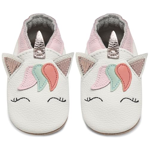 IceUnicorn Krabbelschuhe Baby Lauflernschuhe Jungen Weiche Leder Babyschuhe Kleinkind Lederschuhe mädchen Babyhausschuhe(Einhorn Weiße,6-12) von IceUnicorn