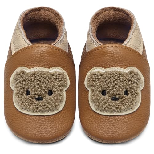 IceUnicorn Krabbelschuhe Baby Lauflernschuhe Jungen Weiche Leder Babyschuhe Kleinkind Lederschuhe mädchen Babyhausschuhe(Gelbbrauner Bär,6-12) von IceUnicorn