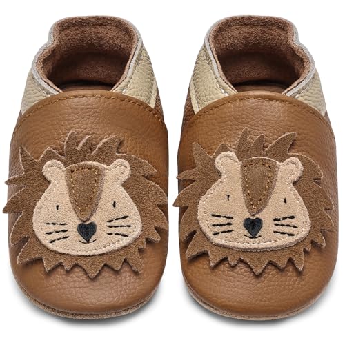 IceUnicorn Krabbelschuhe Baby Lauflernschuhe Jungen Weiche Leder Babyschuhe Kleinkind Lederschuhe mädchen Babyhausschuhe(Gelbbrauner Löwe,6-12) von IceUnicorn