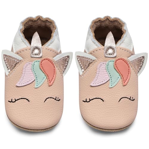 IceUnicorn Krabbelschuhe Baby Lauflernschuhe Jungen Weiche Leder Babyschuhe Kleinkind Lederschuhe mädchen Babyhausschuhe(HellPink Einhorn, 2-3 Jahre) von IceUnicorn