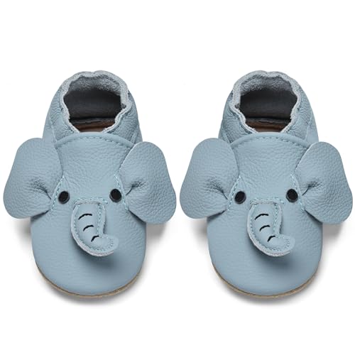 IceUnicorn Krabbelschuhe Baby Lauflernschuhe Jungen Weiche Leder Babyschuhe Kleinkind Lederschuhe mädchen Babyhausschuhe(Hellblauer Elefant,6-12) von IceUnicorn