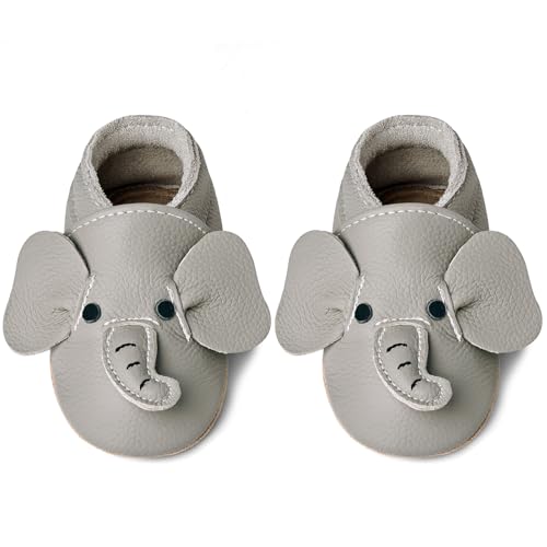 IceUnicorn Krabbelschuhe Baby Lauflernschuhe Jungen Weiche Leder Babyschuhe Kleinkind Lederschuhe mädchen Babyhausschuhe(Hellgraue Elefant,12-18) von IceUnicorn