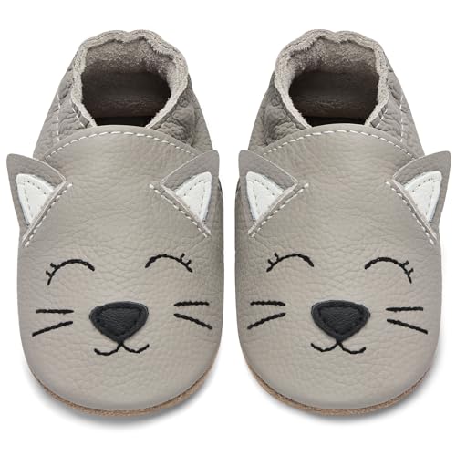 IceUnicorn Krabbelschuhe Baby Lauflernschuhe Jungen Weiche Leder Babyschuhe Kleinkind Lederschuhe mädchen Babyhausschuhe(Hellgraue Katze, 2-3 Jahre) von IceUnicorn