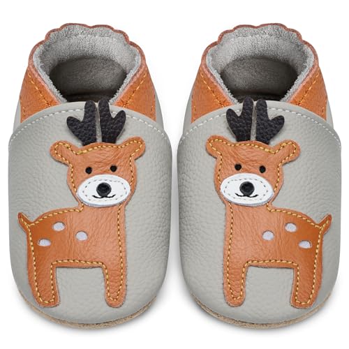 IceUnicorn Krabbelschuhe Baby Lauflernschuhe Jungen Weiche Leder Babyschuhe Kleinkind Lederschuhe mädchen Babyhausschuhe(Hellgraue Sikahirsch,12-18) von IceUnicorn