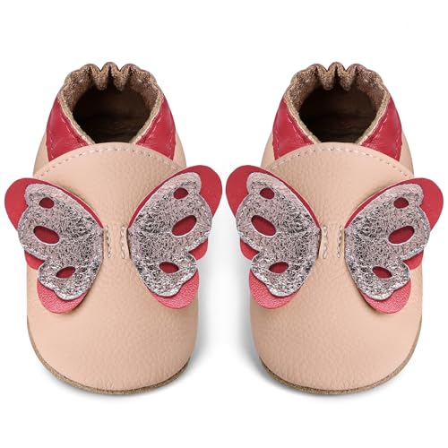 IceUnicorn Krabbelschuhe Baby Lauflernschuhe Jungen Weiche Leder Babyschuhe Kleinkind Lederschuhe mädchen Babyhausschuhe(Hellrosa Falter,18-24) von IceUnicorn