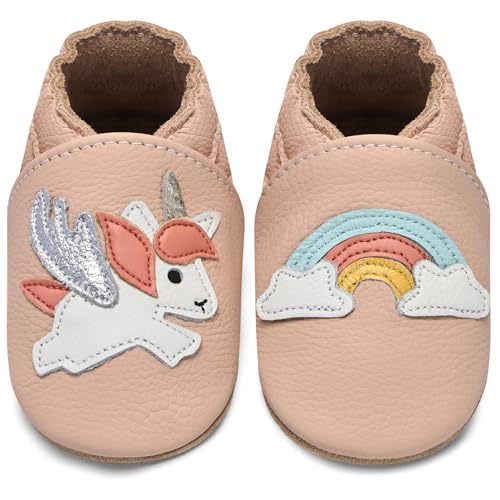 IceUnicorn Krabbelschuhe Baby Lauflernschuhe Jungen Weiche Leder Babyschuhe Kleinkind Lederschuhe mädchen Babyhausschuhe(Regenbogen Einhorn, 12-18) von IceUnicorn