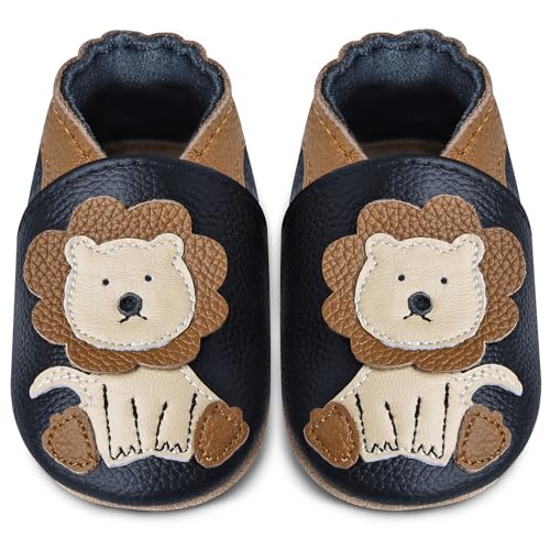 IceUnicorn Krabbelschuhe Baby Lauflernschuhe Jungen Weiche Leder Babyschuhe Kleinkind Lederschuhe mädchen Babyhausschuhe(Schwarzer Löwe,0-6) von IceUnicorn