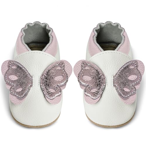IceUnicorn Krabbelschuhe Baby Lauflernschuhe Jungen Weiche Leder Babyschuhe Kleinkind Lederschuhe mädchen Babyhausschuhe(Weißer Falter,12-18) von IceUnicorn