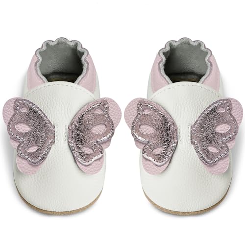 IceUnicorn Krabbelschuhe Baby Lauflernschuhe Jungen Weiche Leder Babyschuhe Kleinkind Lederschuhe mädchen Babyhausschuhe(Weißer Falter,18-24) von IceUnicorn