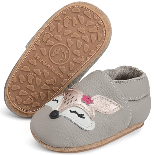 IceUnicorn Krabbelschuhe Baby Lauflernschuhe Weicher Leder Jungen Mädchen Lederschuhe Babys Rutschfeste Krabbelschuhe mit Gummisohle Babyschuhe(Grau Rosenfuch, 18-24 Monate) von IceUnicorn