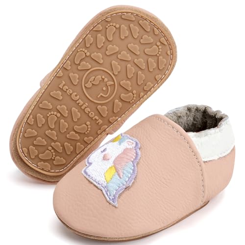 IceUnicorn Krabbelschuhe Baby Lauflernschuhe Weicher Leder Jungen Mädchen Lederschuhe Babys Rutschfeste Krabbelschuhe mit Gummisohle Babyschuhe(Hellrosa Einhorn, 18-24 Monate) von IceUnicorn