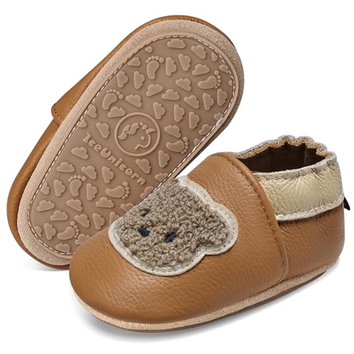IceUnicorn Krabbelschuhe Baby Lauflernschuhe Weicher Leder Jungen Mädchen Lederschuhe Babys Rutschfeste Krabbelschuhe mit Gummisohle Babyschuhe(Kurkuma Plüschbär, 6-12 Monate) von IceUnicorn
