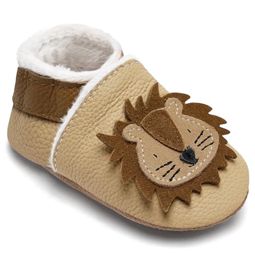 IceUnicorn Krabbelschuhe Baby Winter Krabbelschuhe Gefüttert Plüsch Hausschuhe Baby Lauflernschuhe Warm Weiche Leder Babyschuhe(Beige Plüsch Löwe, 6-12 Monate) von IceUnicorn