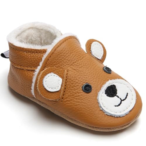 IceUnicorn Krabbelschuhe Baby Winter Krabbelschuhe Gefüttert Plüsch Hausschuhe Baby Lauflernschuhe Warm Weiche Leder Babyschuhe(Braunbär P, 6-12 Monate) von IceUnicorn
