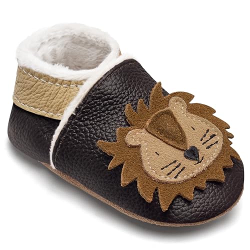 IceUnicorn Krabbelschuhe Baby Winter Krabbelschuhe Gefüttert Plüsch Hausschuhe Baby Lauflernschuhe Warm Weiche Leder Babyschuhe(Brauner Löwe, 0-6 Monate) von IceUnicorn