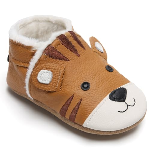 IceUnicorn Krabbelschuhe Baby Winter Krabbelschuhe Gefüttert Plüsch Hausschuhe Baby Lauflernschuhe Warm Weiche Leder Babyschuhe(Brauner Tiger P, 12-18 Monate) von IceUnicorn