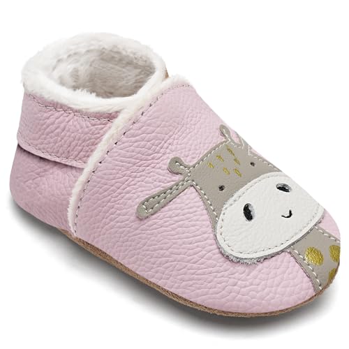 IceUnicorn Krabbelschuhe Baby Winter Krabbelschuhe Gefüttert Plüsch Hausschuhe Baby Lauflernschuhe Warm Weiche Leder Babyschuhe(Grau Pudergiraffe, 0-6 Monate) von IceUnicorn