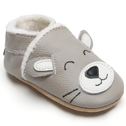IceUnicorn Krabbelschuhe Baby Winter Krabbelschuhe Gefüttert Plüsch Hausschuhe Baby Lauflernschuhe Warm Weiche Leder Babyschuhe(Graue Katze P, 0-6 Monate) von IceUnicorn