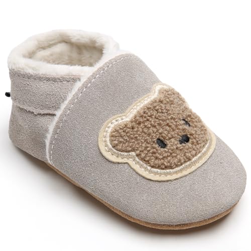 IceUnicorn Krabbelschuhe Baby Winter Lauflernschuhe Baby Gefüttert Lederschuhe Babys Weiche Leder Wildledersohlen Lederpuschen(Grauer Bär P, 12-18 Monate) von IceUnicorn