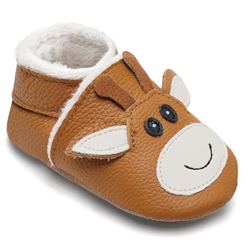 IceUnicorn Krabbelschuhe Baby Winter Krabbelschuhe Gefüttert Plüsch Hausschuhe Baby Lauflernschuhe Warm Weiche Leder Babyschuhe(Kurkuma Giraffe, 12-18 Monate) von IceUnicorn