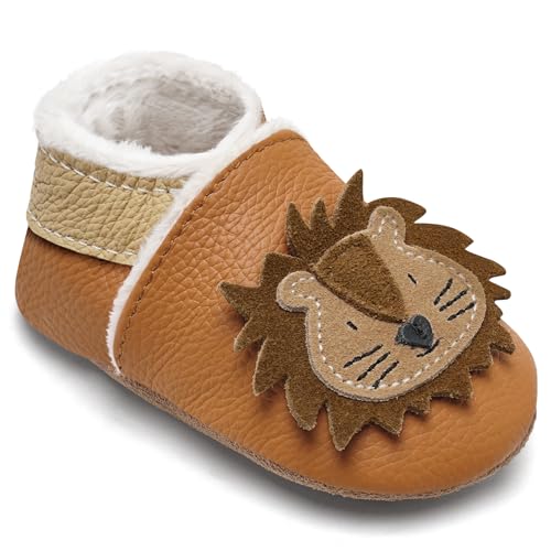 IceUnicorn Krabbelschuhe Baby Winter Krabbelschuhe Gefüttert Plüsch Hausschuhe Baby Lauflernschuhe Warm Weiche Leder Babyschuhe(Kurkuma Löwe, 18-24 Monate) von IceUnicorn